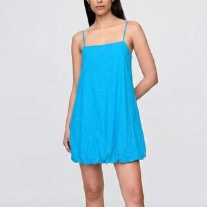 Gap Linen-Blend Bubble Mini Dress Womens M Tall Blue Sleeveless Square Neck